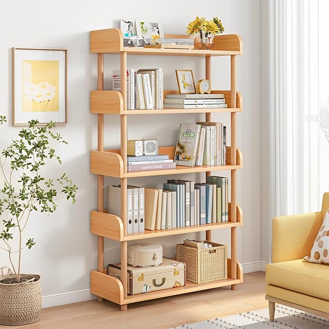 OSCHF 5-Tier Wooden Open Bookcase - Modern Display Bookshelf with Top Edge and Solid Wood Frame for Home and Office, Storage Cabinet, Oak
