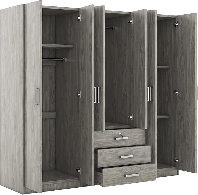 6 Door Armoire Wardrobe Closet with Big 3 Drawers, Wooden Freestanding Bathroom Armoire Cabinet with Shelves and Hanging Rod, Clothes Storage Organizer for Bedroom, Guest Room (Gray-8)