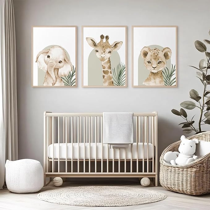 Tocliky Nursery Animal Wall Art Decor Safari Jungle Nursery Pictures Baby Boy Room Canvas Wall Decor Woodland Animals Prints Safari Giraffe Artwork for Boys Kids Bedroom 12x16 Inch Unframed Set of 3