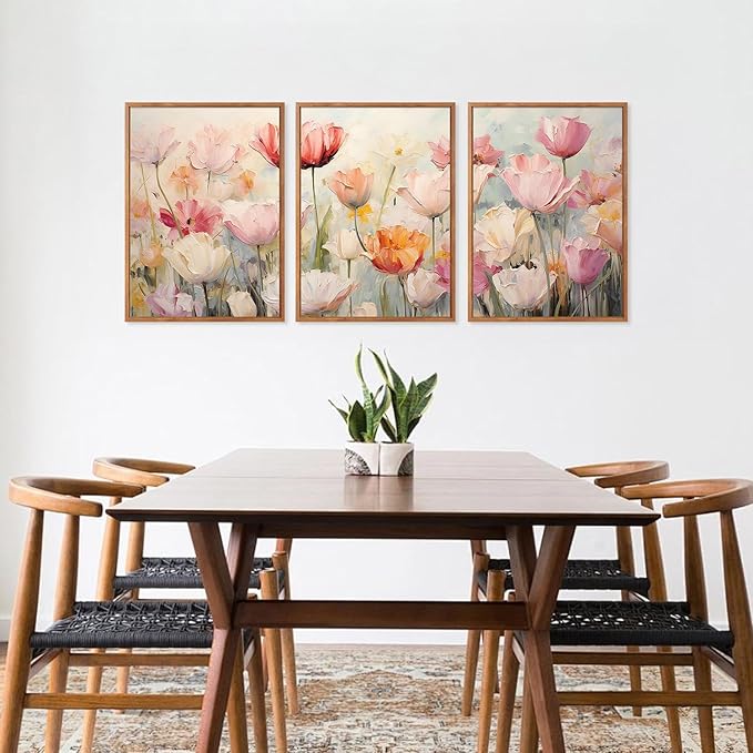 HPNIUB Large Nature Wildflowers Framed Wall Art Pink Floral Canvas Oil Painting Modern Aesthetic Wall Decor Abstract Flower Artwork for Living Room Bedroom Decor(Set of 3,12X16 Inch)