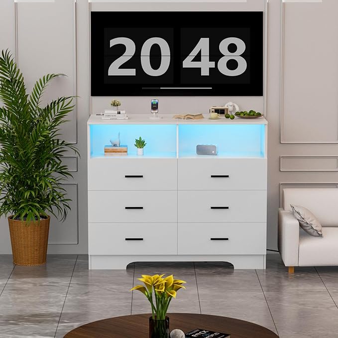 FJTJBSI Dresser with Power Outlets and LED Lights Wooden 6 Drawer Dresser with Large Organizer Tall White Drawer for Bedroom Modern Chest of Drawers Closet for Living Room Kids Room
