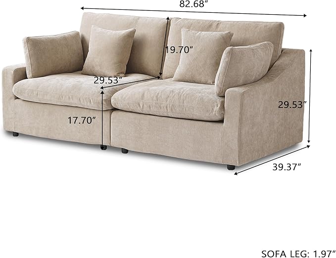 Modular Sectional Sofa Cloud Couch, 82.68" Loveseat with Pillows, Modern Minimalist Deep Seat Couches for Apartment Small Space, Khaki Sofa Covers Washable&Removable, Khaki Couch