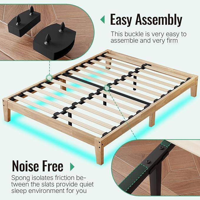 Full Size Solid Wood Platform Bed with Led Light - Noise-Free Design with Metal and Wood Slat Support, No Box Spring Needed, Easy Assembly, Natural Wood Finish