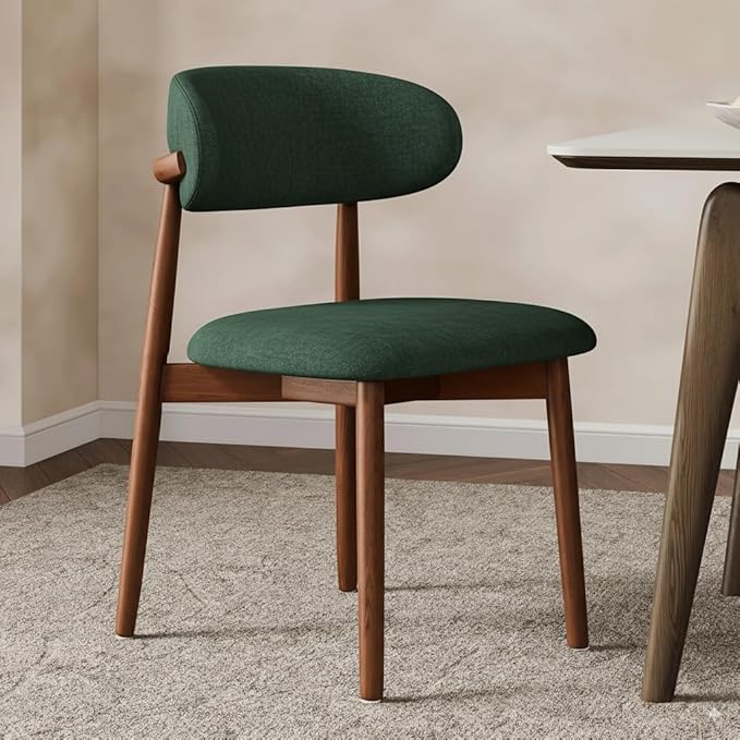 Modern Solid Wood Dining Chairs Set of 2 with Curved Back, Ergonomic Upholstered Seat, Natural Wood Legs with Adjustable Anti-Slip Foot Pad (Dark Green-Walnut, Set of 2)