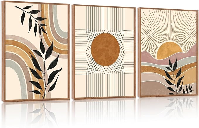 HPINUB Boho Framed Canvas Wall Art Prints, (Set of 3,12X16 Inch) Mid Century Modern Wall Decor, Nature Plants Desert Sun Art Paintings, Bohemian Artwork for Living Room, Bedroom, Dining Room, Office