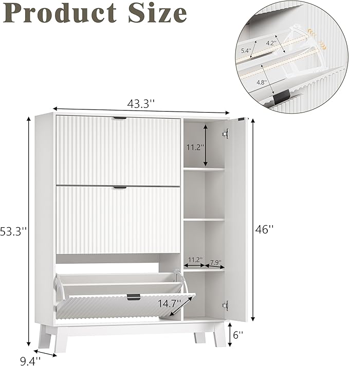 Shoe Cabinet Storage for Entryway with 3 Flip Drawers & Side Cabinet, Fluted Narrow Shoe Organizer with Wooden Leg, Freestanding Shoe Storage Hidden Shoe Rack Organizer for Front Door Entrance, White