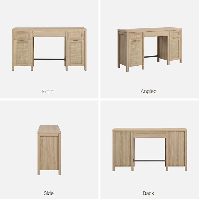 SICOTAS Rattan Executive Desk with Storage - Larger Home Office Desk with Drawers and Cabinets, Boho Computer Table for Study, Office, Living Room, Light Oak (2 Pieces)