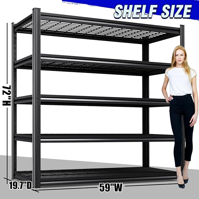 3 Pack 59" W Heavy Duty 5-Tier Garage Shelving Unit,2500 lbs Capacity Adjustable Metal Storage Rack, Boltless Steel Shelves for Garage, Basement, Warehouse, Pantry & Kitchen 72"x59"x20",Black