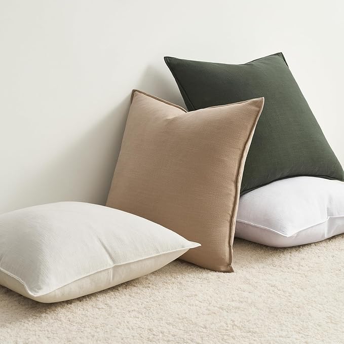 Linen Green Pillow Covers with Flange Design Pack of 4 Decorative OliveGreen Throw Pillow Covers Soft Accent Boho Couch Pillowcases Farmhouse for Living Room Bed Sofa 16x16 Inch