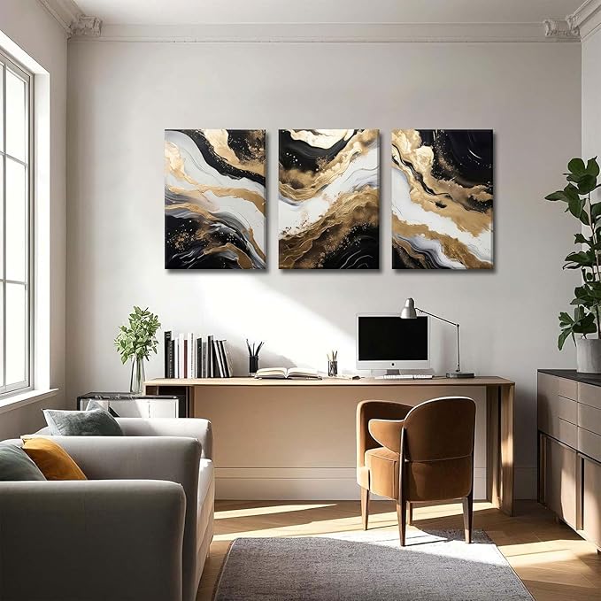 Black and Gold Abstract Canvas Wall Art Set of 3 Abstract Black Gold Marble Wall Decor Pictures Neutral Modern Minimalist Posters Prints for Living Room Bedroom Home Decoration 12x16in