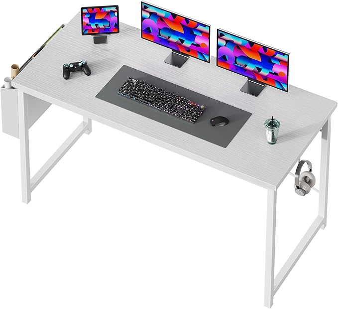 OLIXIS Computer Desk 55 Inch Home Office Desks for Small Spaces, Gaming Writing Study Work Table with Storage Bag and Headphone Hook for Bedroom, White