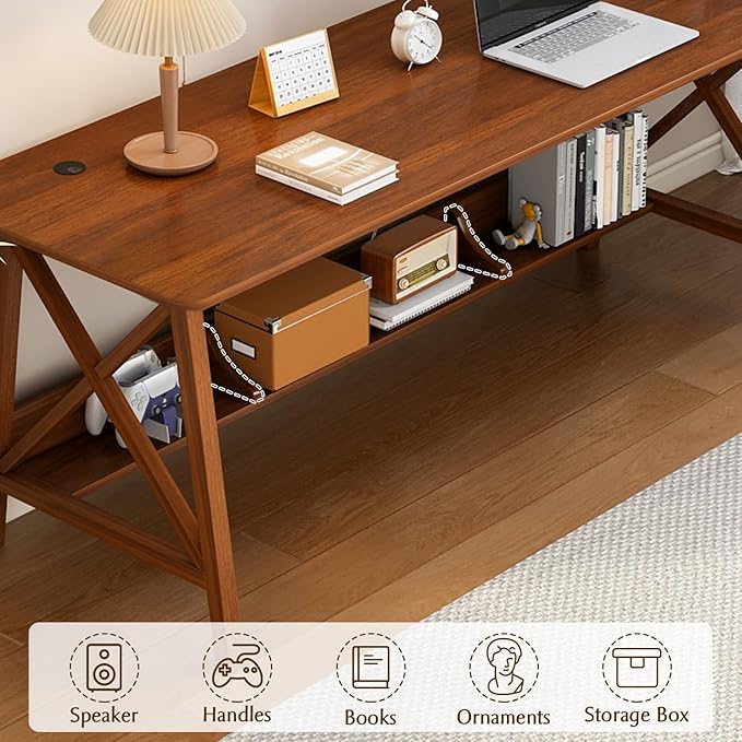 NELYE Extra Long Desk with Bookshelf - Wooden Home Office Work Study Table, 2-Person Writing Computer Workstation with Storage Shelf in Walnut, 63" Wx20 Dx30 H