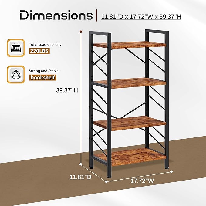 DurayLoly 4 Tier Bookshelf, Industrial Bookcase with Metal Frame and Sidebars, Small Bookshelf for Bedroom, Home Office and Living Room, Rustic Brown