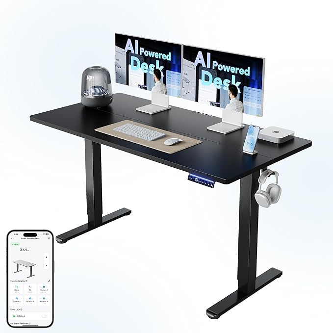 HUANUO 55" AI Smart Standing Desk with App-Synced Sedentary Reminders, Electric Height Adjustable Desk with Body-Data Ergonomic Presets, Voice Control Alexa/Google/Siri, 3 Memory Settings Table, Black