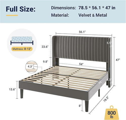 Allewie Full Size Velvet Bed Frame/Vertical Channel Tufted Wingback Headboard/Upholstered Platform Bed/Strong Wooden Slats/No Box Spring Needed/Easy Assembly/Grey