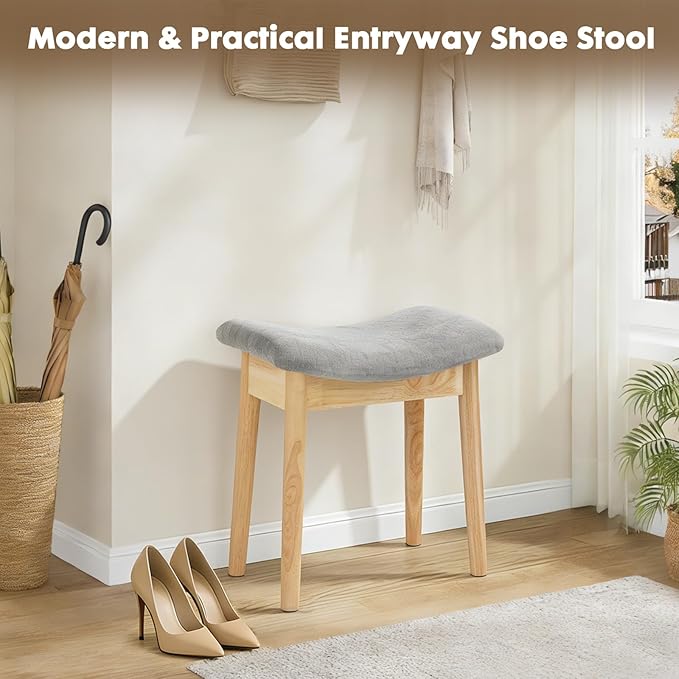 Square Linen Makeup Stool Small Ottoman Stool Chair for Vanity, Modern Padded Seat Foot Rest for Makeup Room, Bathroom (Classic-LightGray)