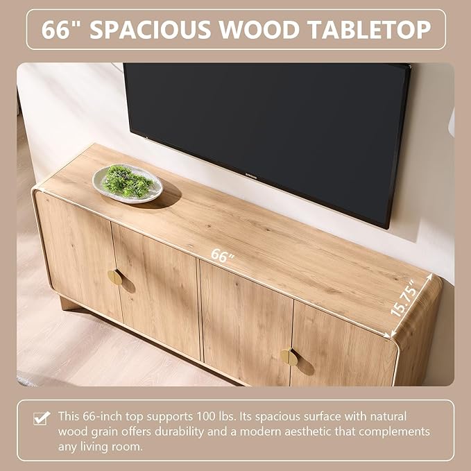 IFGET 70" Modern TV Stand for TVs Up to 80 inches, 30" Tall Entertainment Center with Storage and Adjustable Shelves, TV Console with Curved Profile Design, Media Console for Living Room, Natural Oak