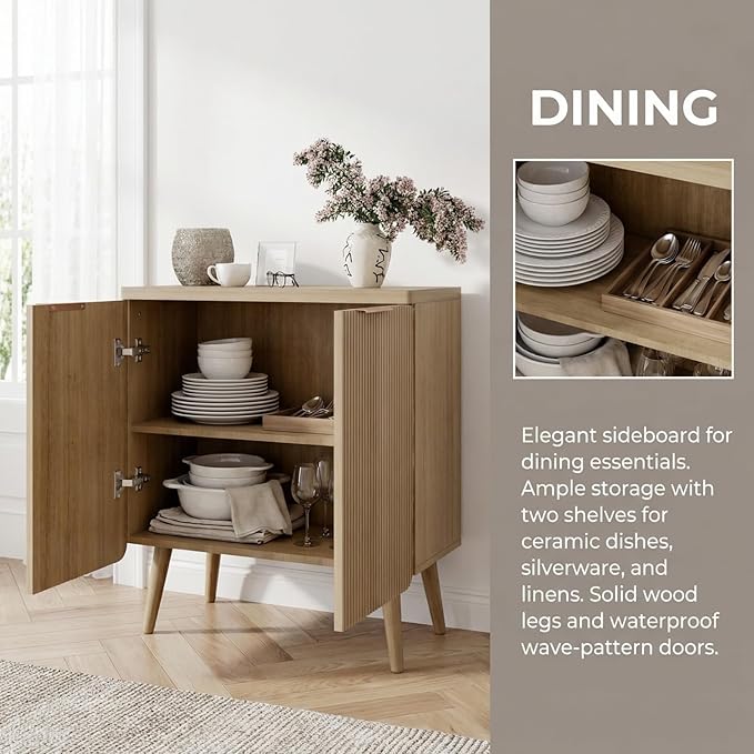 23.6" Modern Fluted Sideboard Cabinet with 2 Doors, Wood Storage Credenza with Shelves, Multi-Purpose Buffet Cabinet for Entryway, Dining & Living Room, Natural Wood