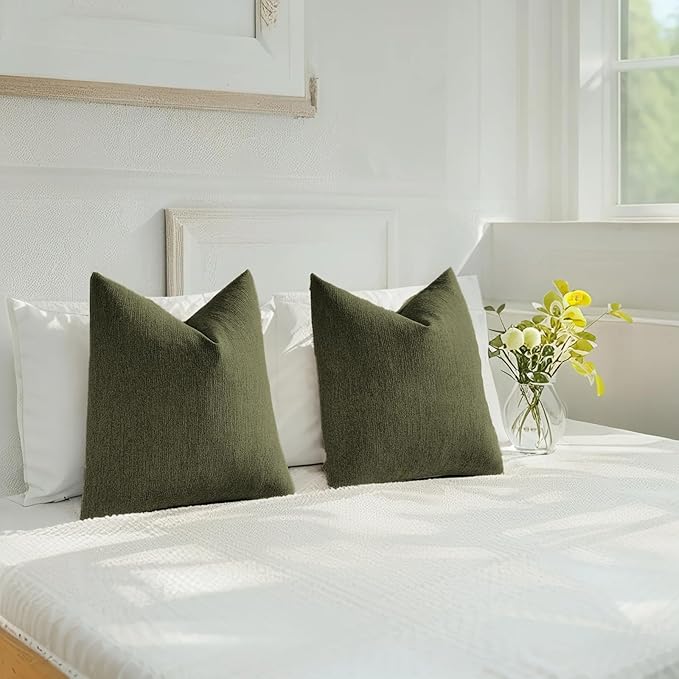 HAUSSY Moss Green Throw Pillow Covers 24x24 Inch Set of 2,Boho Decorative Faux Linen Throw Pillows Cozy Farmhouse Accent Cushion Covers,Home Decor for Couch Sofa Bed Living Room