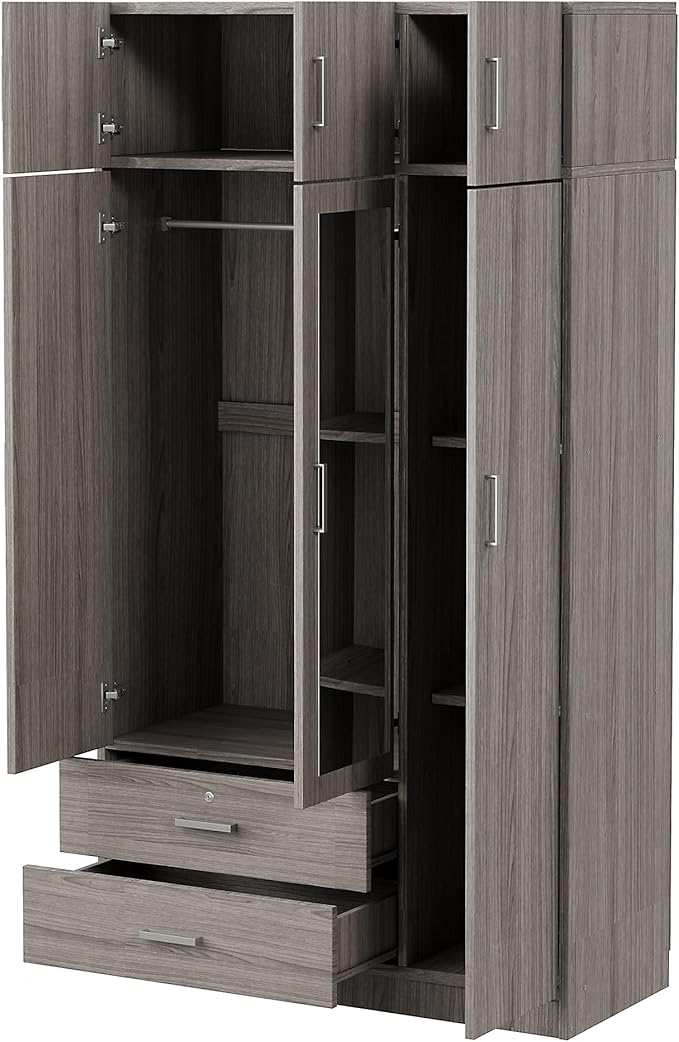 Mirror 3 Doors Closet Wardrobe with 2 Drawers and Top Cabinet, Modern Wooden Armoire Wardrobe Closet with Hanging Rod for Bedroom, Freestanding Bedroom Closet, Clothes Storage Organizer (Gray)