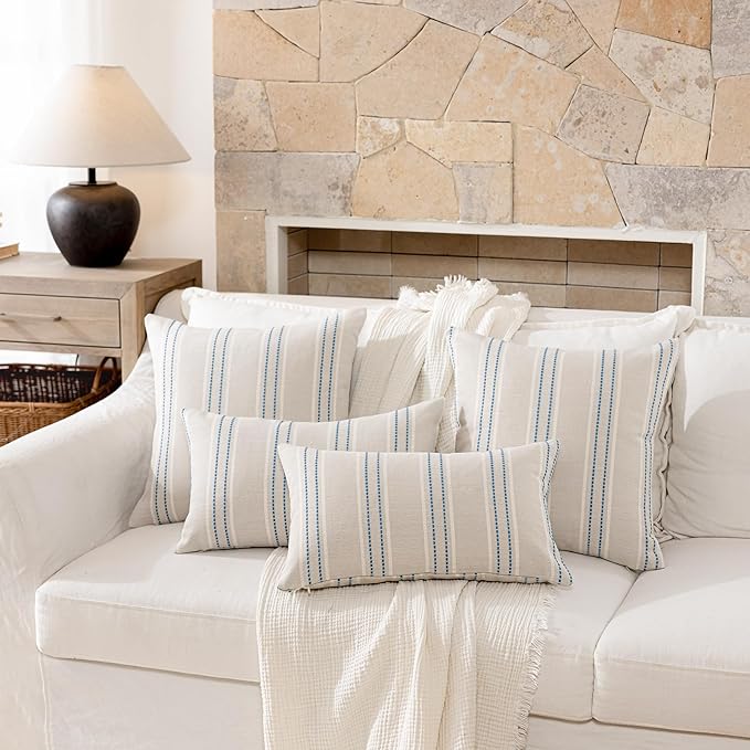 Hckot Throw Pillow Covers 12x20 Set of 2 Blue Pillow Covers Farmhouse Decorative Pillows Textured Linen Square Cushion Covers for Sofa Couch Bed Living Room Decor(Lake Blue)