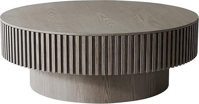 39.37'' Round Coffee Table with Storage, Solid Wood Veneered Modern Drum Coffee Table Accent Tea Table for Living Room, Bedroom, Apartment or Office-Gray