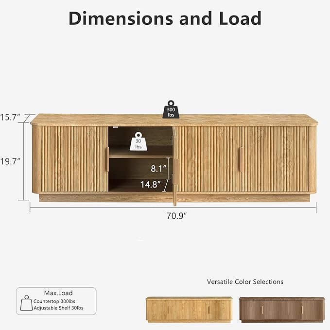 win2win 71" TV Stand for 80 Inch TV, Modern Fluted Entertainment Center with Faux Marble Top, Curved Corners, Boho Minimalist Media Console with Storage for Living Room Bedroom, Oak