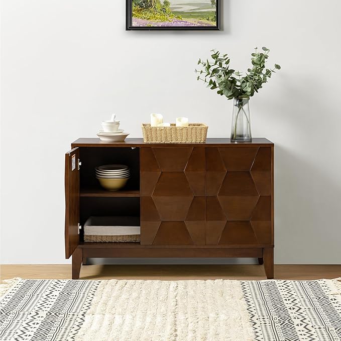 HULALA HOME Modern Kitchen Buffet Cabinet Storage Sideboard with 3D Geometric Design, Freestanding Floor Cabinet with 3 Doors & 2 Adjustable Interior Shelves for Living Room Dining Room Hallway,Walnut
