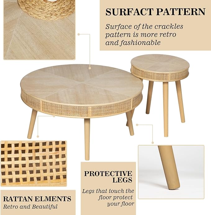 Wnutrees Farmhouse Round Coffee Table, Rustic Sofa Side Tea Tables Nesting Center Table Set with Handmade Rattan for Living Room, French Country Decor, Natural, 2Pack