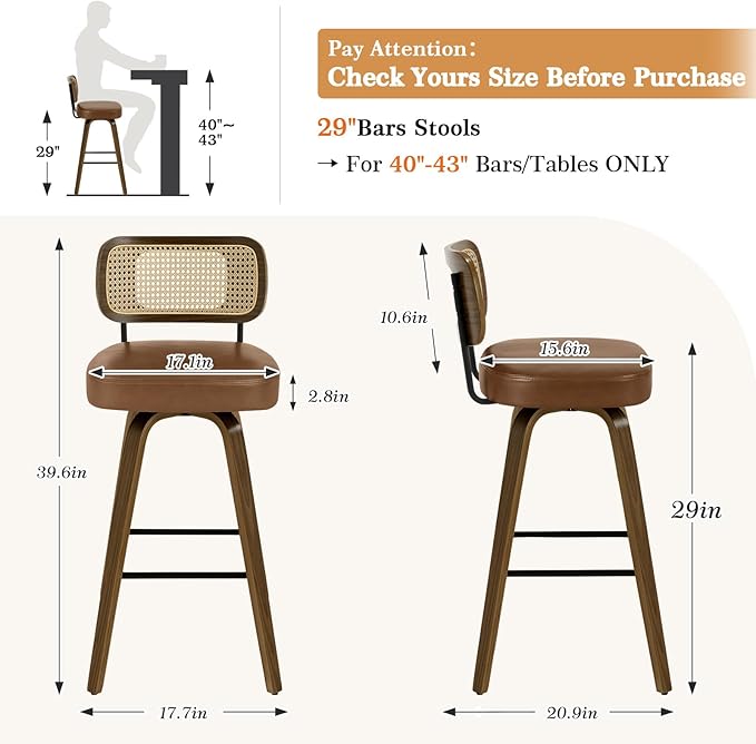 Bekrvio Swivel Bar Stools Set of 4, Upholstered Faux Leather Barstools with Rattan Back, 29" Seat Height Bar Chairs for Kitchen Island, Bentwood Wood Frame, Brown