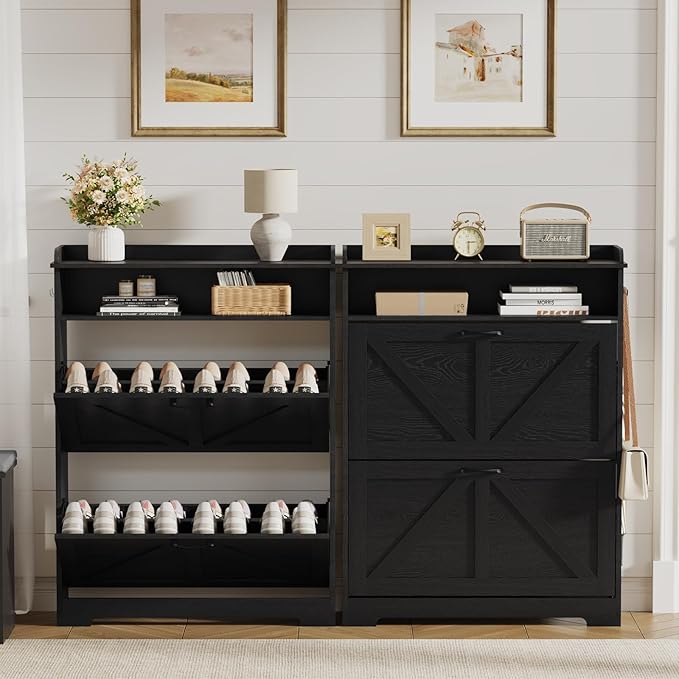 Shoe Cabinet Organizer with 2 Flip Drawers, Farmhouse Narrow Shoe Cabinet with 2 Adjustable Shelves & 2 Hooks, Shoe cabinet storage for entryway, Foyer, Hallway, Black, 31.5"W x 8.7"D x 41.7"H