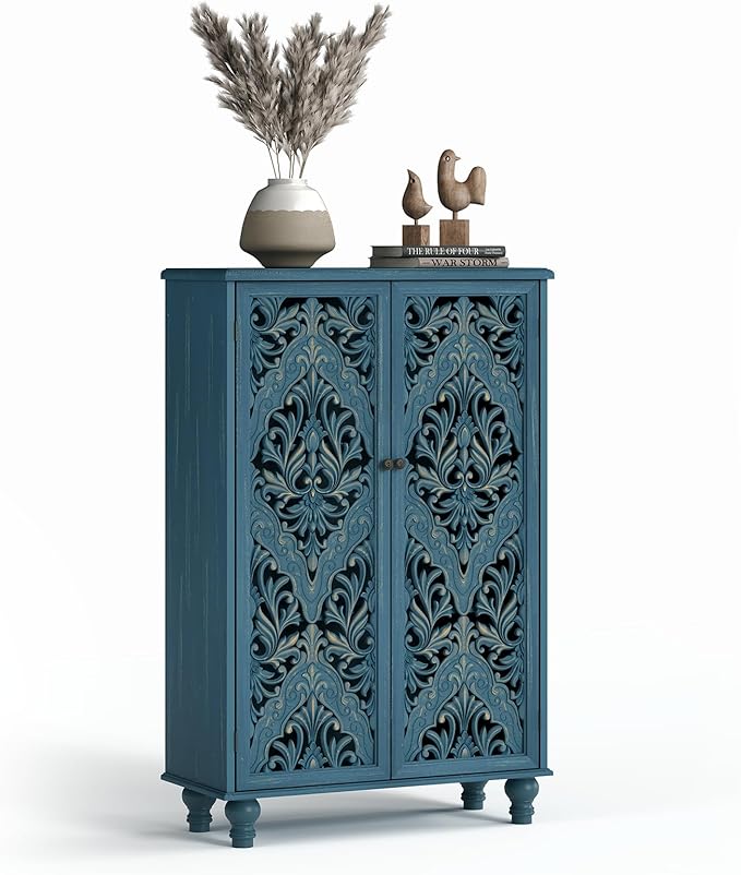 JOINICE 47" Tall Accent Cabinet with Navy Blue Mandala Carved Doors, Solid Wood Legs Storage Cabinet with 100 lbs Capacity, Boho Farmhouse Sideboard Buffet for Entryway, Living Room & Coffee Bar
