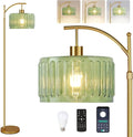 QIYIZM Glass Floor Lamp for Living Room,Bedroom,Gold Dimmable Standing Lamp with Remote,Mid Century Modern Brass Tall Lamp Boho Vintage Retro Floor Lamps Arc Green Flower Floor Light Lamp Bohemian