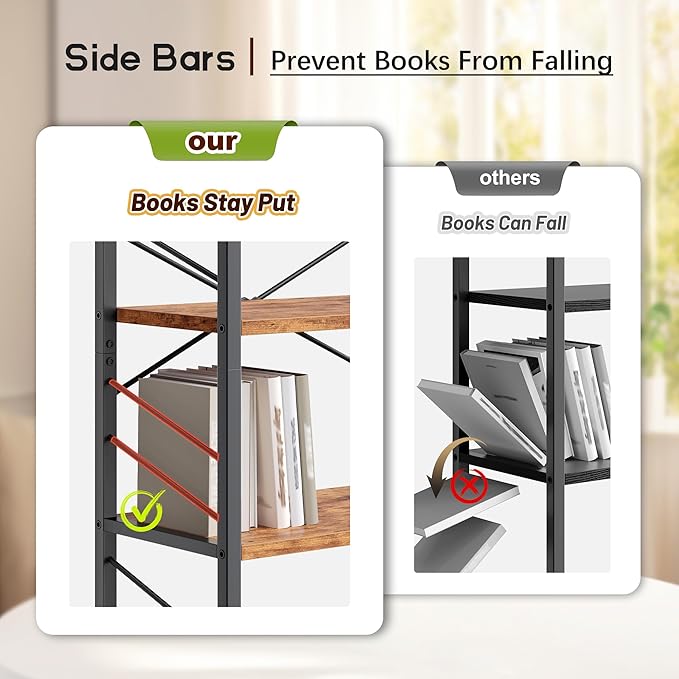 DurayLoly 2 Pieces Book Shelf, 5 Tier Tall Bookshelf with Metal Frame and Sidebars, Modern Bookcase for Bedroom, Home Office and Living Room, Rustic Brown