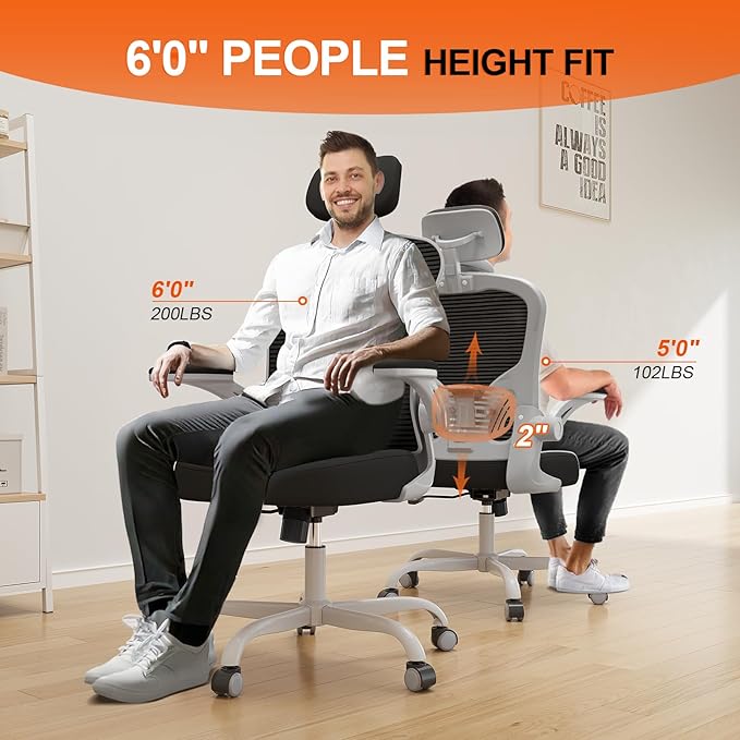 Office Chair Ergonomic Desk Chair, 330LBS Capacity, High Back Computer Design for Long Hours Comfort, Rolling Swivel for Home Office, Flip-up Armrests, Grey Black