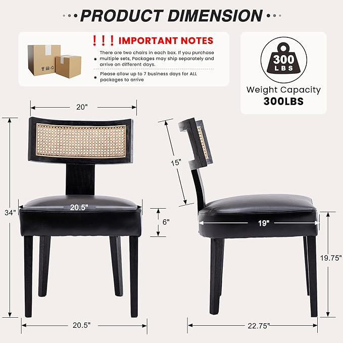 HNY Mid Century Modern Rattan Dining Chairs Set of 2, Farmhouse PU Leather Upholstered Accent Chair Curved Backrest Kitchen Chairs, with Black Hardwood Frame, Black