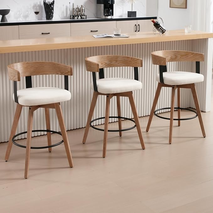 DUOMAY Swivel Bar Stools Set of 3, 26" Counter Height Bar Stool with Footrest Modern Wood Barstools with Linen Upholstered Seat Counter Stools for Kitchen Island Home Bar, White