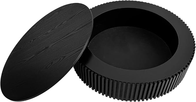 39.37'' Round Coffee Table with Storage, Solid Wood Veneered Modern Drum Coffee Table Accent Tea Table for Living Room, Bedroom, Apartment or Office-Black