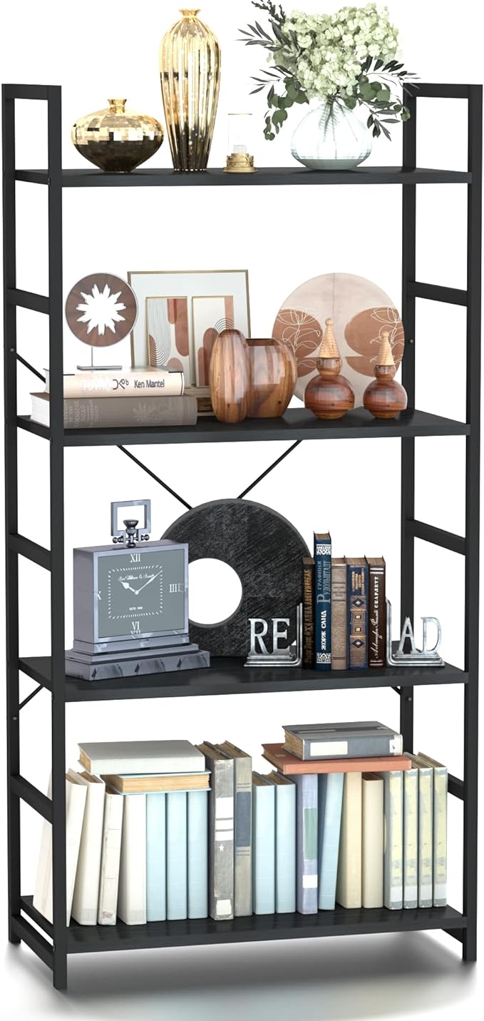 NUMENN 4 Tier Bookshelf, Tall Bookcase Shelf Storage Organizer, Modern Book Shelf for Bedroom, Living Room and Home Office, Black