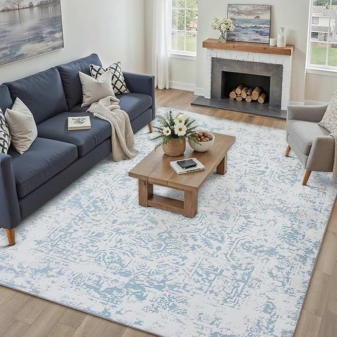 8x10 Fluffy Area Rug Blue Shag Neutral Carpet for Living Room Soft Medium Pile Floral Large Rug for Bedroom Dorm Office Dining Room Kitchen Nursery Modern Decor