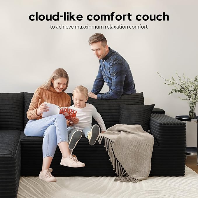 139.4" Modular Sectional Sofa, L-Shaped Minimalist Couches with Ottoman Chaise, Modern Deep Seat Convertible Sleeper Sofa,Cloud Plush Corduroy Fabric, No Assembly Required, 5 Seater, Black