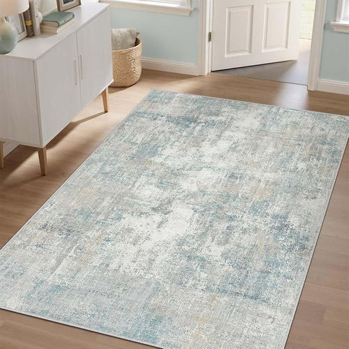 4x5 Washable Area Rug Blue Cream Abstract Non Slip Soft Low Pile Rug for Entryway Kitchen Bathroom Neutral Modern Throw Carpet for Living Room Bedroom Home Decor
