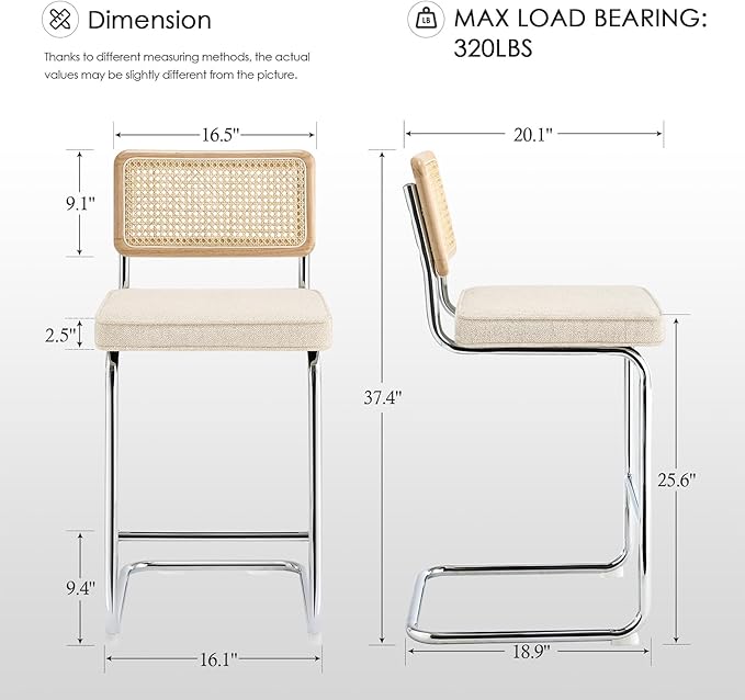 Zesthouse Natural Rattan Counter Stools Set of 2, 26" Modern Counter Height Barstools, Thick Linen Bar Stools with Solid Wood Back, Mid Century Cantilever Bar Chairs for Kitchen Island Beige Yellowish