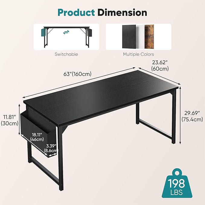 OLIXIS Computer Desk 63 Inch Home Office Desks for Small Spaces, Gaming Writing Study Work Table with Storage Bag and Headphone Hook for Bedroom, Black