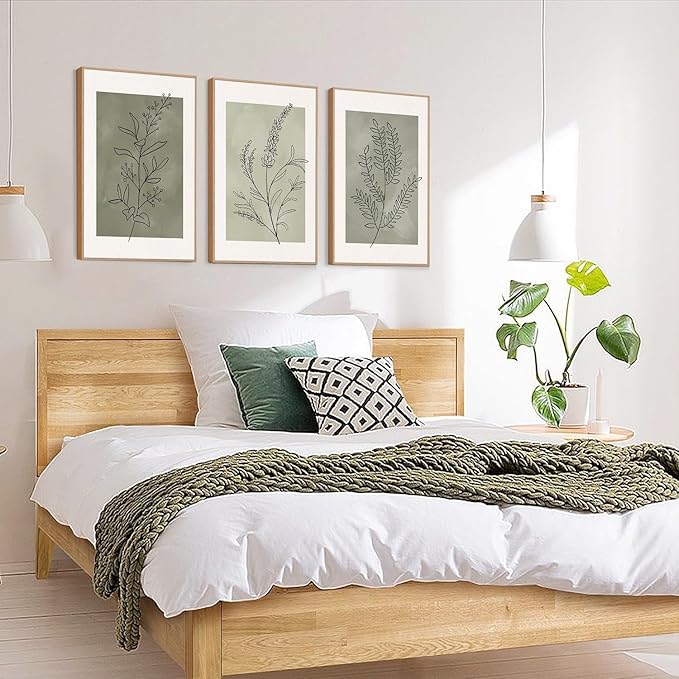 CHDITB Sage Green Framed Canvas Wall Art, Neutral Botanical Line Wall Decor, Olive Tone Plant Poster, Modern Farmhouse Floral Decor, Boho Minimalist Nature Prints for Bedroom Office Decor 16"x24"X3