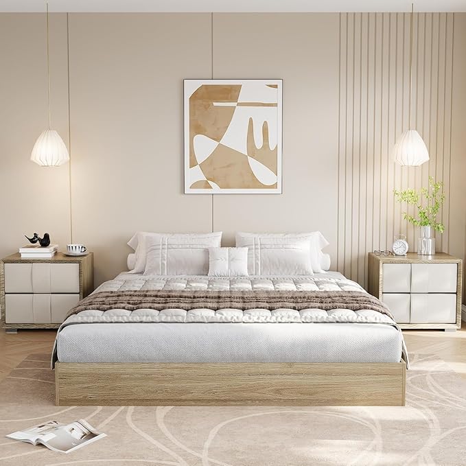 Garvee Queen Size Solid Wood Platform Bed with Sturdy Wooden Slats, Floor-Standing Bed Frame, Modern Minimalist Design Bed Frame, No Box Spring Needed, Space Saver, Easy Assembly, Golden Tan Wood