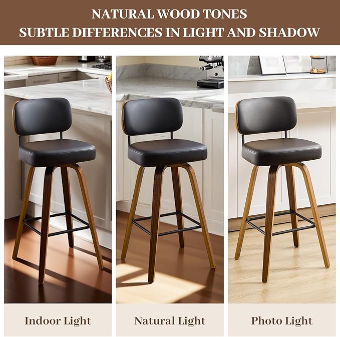 Bekrvio Swivel Bar Stools Set of 4, 29" Upholstered Faux Leather Barstools with Back and Bent Wood Legs, Mid Century Modern Bar Chair Island Stool for Kitchen Counter, Black