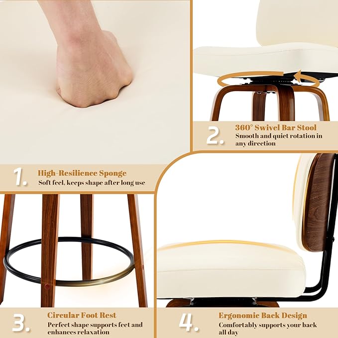 Counter Height Bar Stools Set of 3, 26+inch Swivel Faux Leather Barstool with Back, Upholstered Mid-Century Modern Bar Chairs with Bent Wood Legs for Kitchen Counter, Dining Room, Cream White