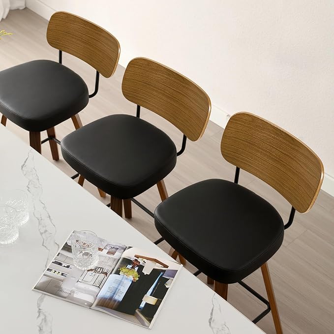 Bekrvio Swivel Counter Height Bar Stools Set of 4, Mid-Century Modern Upholstered Faux Leather Barstools with Wood Back, 26" Seat Height Bar Stools for Kitchen Island, Black Seat and Walnut Frame