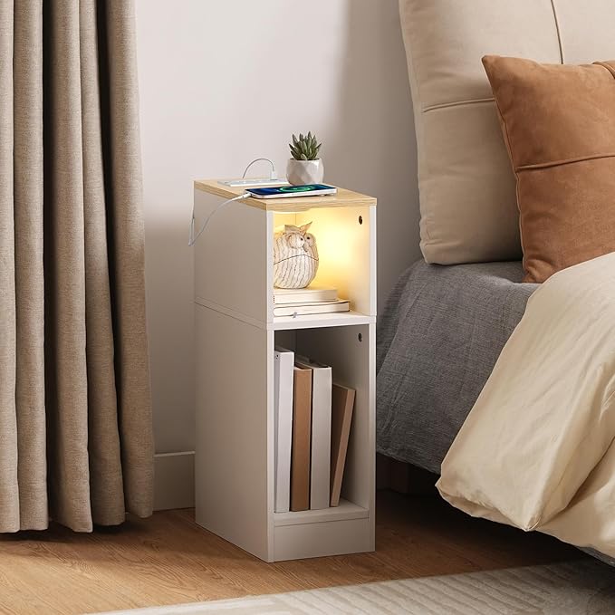 MAHANCRIS Narrow Nightstand with LED Light, Narrow End Table with Charging Station, Skinny Bedside Table for Small Spaces, Mid Century Modern Night Stand for Bedroom, Natural and White ETNW30E01